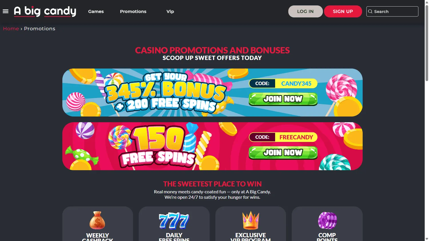Big Candy Casino promotions on desktop